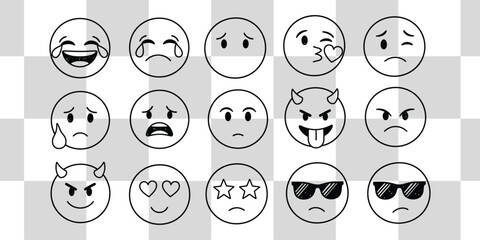 Expressive hand drawn emoticons capture diverse emotions from joy to anger and coolness
