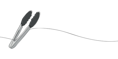 Continuous one-line style illustration of kitchen tongs with silicone tips. Minimal cooking utensil artwork on a clean white background, ideal for food prep or grilling themes