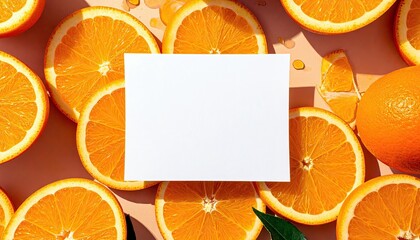 A top-down view of vibrant orange slices and whole oranges arranged around a blank white card, perfect for adding text or design.