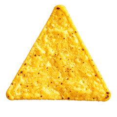 Single yellow corn tortilla chip or nacho, a classic crispy snack. Isolated on transparent background