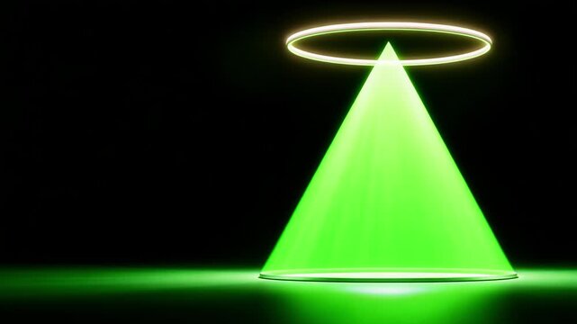 A mesmerizing visual representation of green light emanating from a circular halo, creating a vivid conical beam in a dark backdrop, evoking a sense of intrigue and mystique.