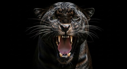 Fierce Black Panther Roaring in Darkness, Big cat, Jaguar, Melanistic