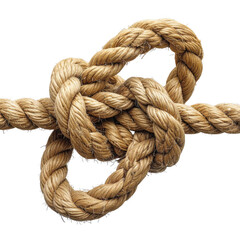 Thick natural fiber rope tied in a complex, strong knot. Isolated on transparent background.