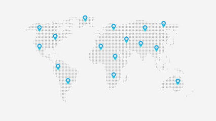 Minimal world map with blue location pins representing global connections and international network coverage