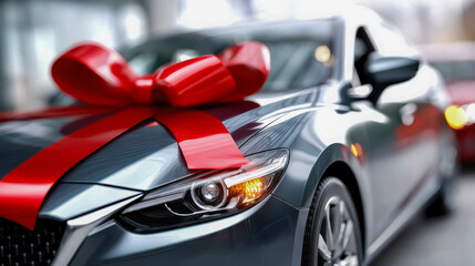Shiny new car decorated with a large red gift bow inside a bright modern showroom