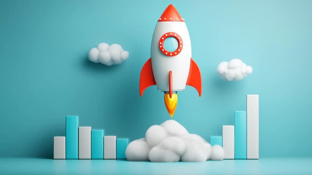 Rocket launch with rising bar chart and clouds conveying business growth innovation cloud startup. colorful ascending bar chart launch symbolizing