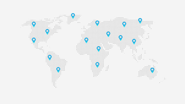 Minimal world map with blue location pins representing global connections and international network coverage