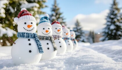 Obraz premium Winter wonderland snowmen parade snowy landscape outdoor scene cheerful atmosphere scenic viewpoint holiday spirit