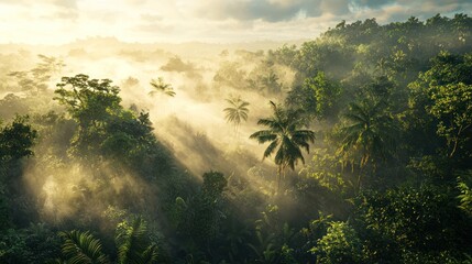 Obraz premium A dense, misty forest at dawn with towering trees and soft sunlight breaking through the fog.