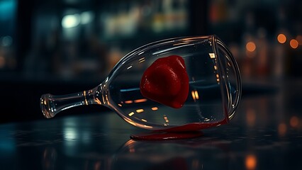 imprudence. An overturned wine glass with lipstick marks on a bar counter in moody lighting. bar promotions, beverage menus, designed for food & beverage menus and cafe branding.