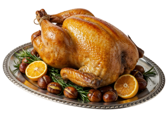 Chapon rôti — whole French roasted capon, isolated on transparent background, PNG
