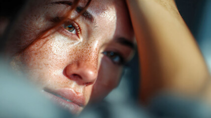 Emotional close-up portrait of a tired woman with expressive eyes and natural freckles