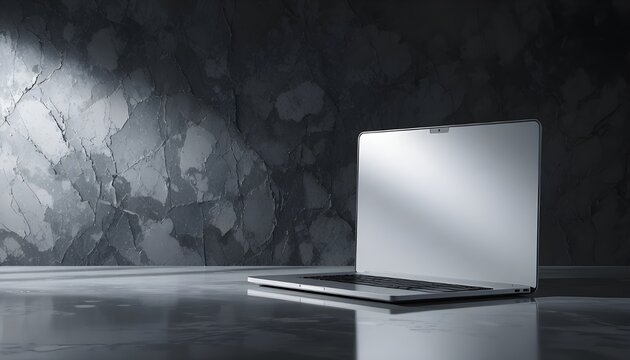A sleek silver laptop sits partially open on a reflective surface against a dark, textured concrete wall, illuminated by a dramatic spotlight that enhances its modern, minimalist, and professional - Powered by Adobe