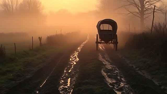 oxcart. Deep muddy ruts on a country path with an ancient oxcart moving through mist. mobility guides, transit brochures, designed for mobility and urban transit guides, used by professors.