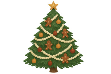 Christmas tree decorating with gingerbread men, ornaments, and star, representing holiday cheer and winter celebration on transparent