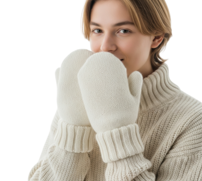 Winter fashion trends cozy mittens for women portrait isolated on transparent background