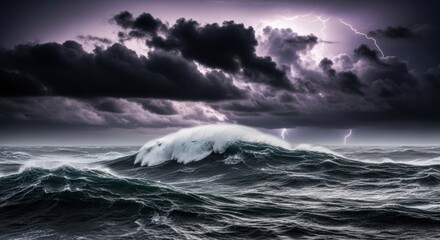 Fototapeta premium Violent Stormy Ocean with Lightning Strike, Sea, Wave, Water