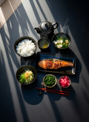 Japanese Breakfast with Grilled Salmon	
