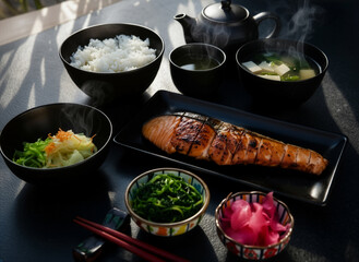 Japanese Breakfast with Grilled Salmon	
