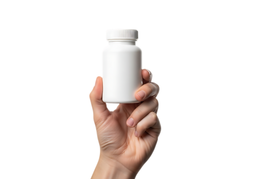 Human hand holding a white pill bottle with a ribbed cap isolated on a transparent background image