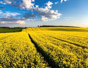 Golden Canola Field Under Blue Sky with Clouds at Summer Day in Countryside Landscape in Rural Area Europe