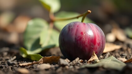 infamy. A ripe plum fallen on the ground with purple-red bruise marks, natural lighting, shallow depth of field. gardening catalogs, home-decor guides, designed for gardening and botanical catalogs.