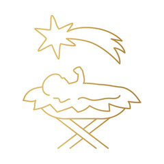 christmas nativity scene, Holy Night: manger with Baby Jesus and Star of Bethlehem golden icon- vector illustration