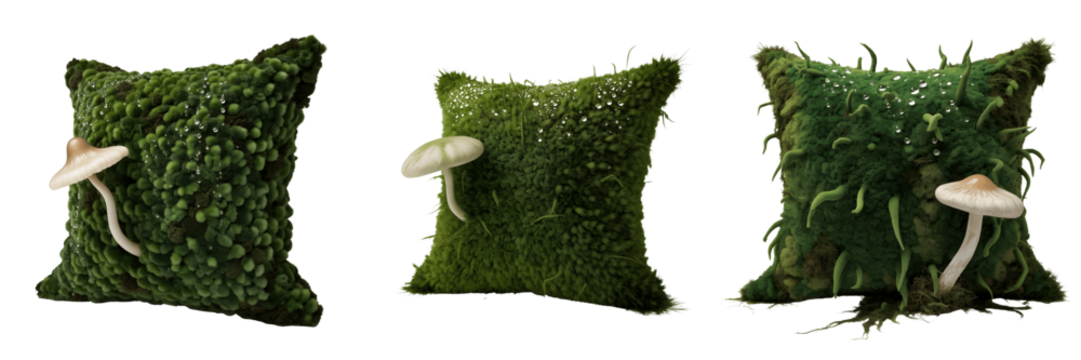 A Set For Moss pillows with mushrooms isolated on transparent background - Powered by Adobe