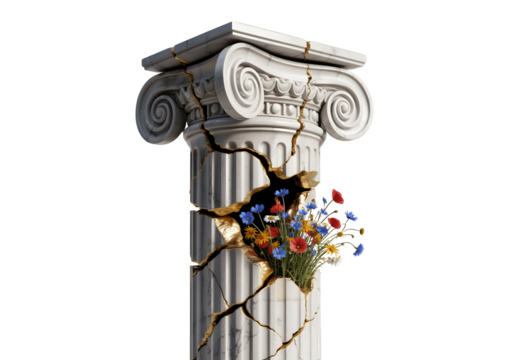 Column with kintsugi cracks and wildflowers isolated on transparent background