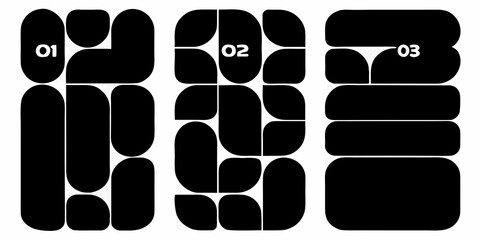 Abstract geometric pattern with rounded shapes and numbers zero one two three on white background