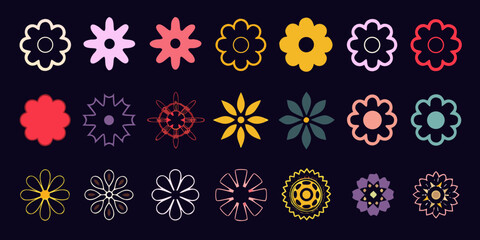 Collection of diverse stylized flower icons in various colors and designs on dark background
