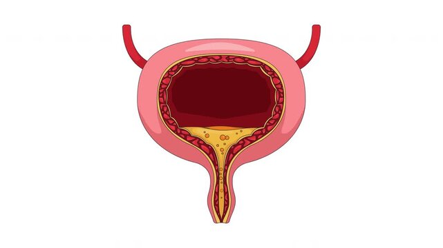 Human urinary bladder cross-section with urine flowing down cartoon animation. Biology diagram. Medical reference. Internal organ function animated flat 2D object 4K video isolated on white