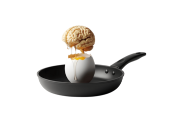 Brain melting into egg in frying pan isolated on transparent background