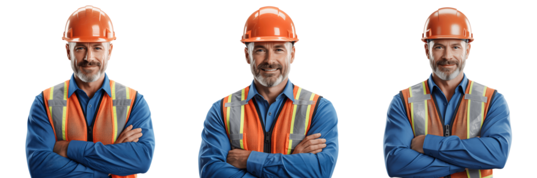 A Set For Construction worker in hard hat and safety vest isolated on transparent background - Powered by Adobe