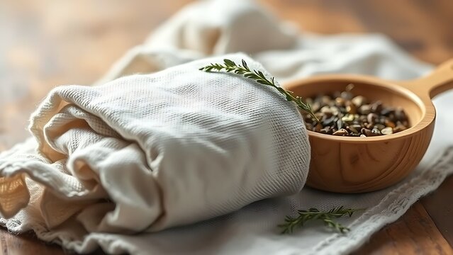 poultice. Herbal poultice wrapped in linen cloth beside a wooden bowl of dried herbs, natural remedy concept. menu design.