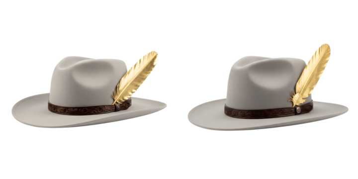 Cowboy hat with gold feather and leather band isolated on transparent background - Powered by Adobe