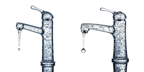 Faucet with water drips and droplets isolated on transparent background