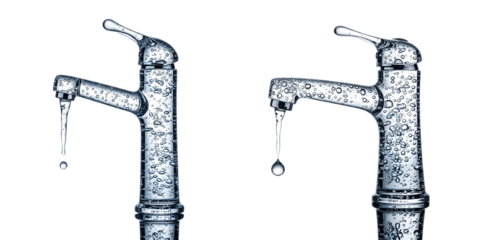 Faucet with water drips and droplets isolated on transparent background