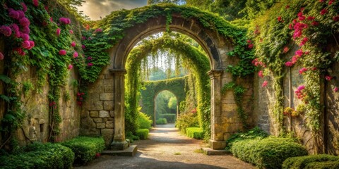Fototapeta premium Serene Garden Pathway Through Ancient Stone Arches Adorned with Lush Greenery and Vibrant Blossoms