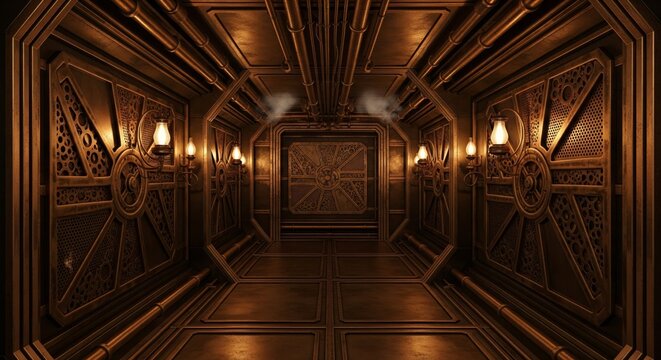 A long, ornate, and dimly lit metallic corridor with intricate steampunk-style paneling and warm wall sconces leading to a closed door.