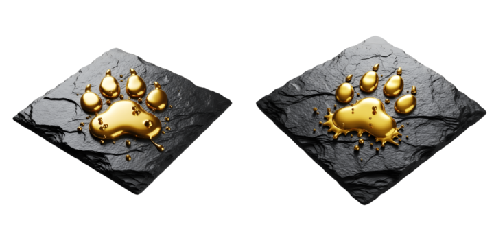 Paw print in liquid gold on black slate isolated on transparent background