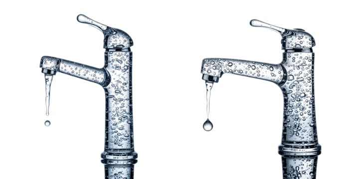 Faucet with water drips and droplets isolated on transparent background