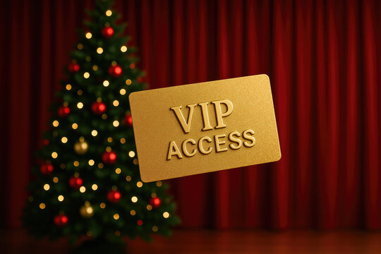 VIP access card displayed in front of a festive Christmas tree during the holiday season