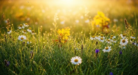 Fototapeta premium Dewy Daisies Bathed in Golden Sunrise Light, Daisy, Field, Meadow