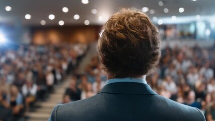 Confident presenter on stage in suit addressing attentive audience at conference under spotlight and stage lighting back view of speaker at podium - Powered by Adobe