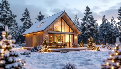 Cozy winter cabin retreat in a snowy forest home interior design tranquil environment evening lighting rustic concept for holiday inspiration