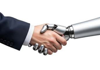 Human hand in suit shaking robotic arm with metallic fingers isolated on a transparent background handshake