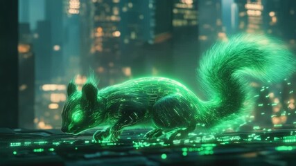 High tech squirrel glowing neon green races across a sleek platform amid a blurred, light filled cybercity at night, conveying futuristic speed, data flow, and motion - Powered by Adobe