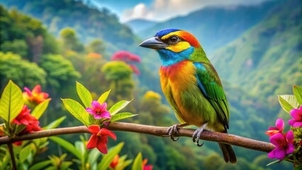 Obraz premium A Vibrant Rainbow-Colored Bird Perched on a Branch Amidst Lush Greenery and Blooming Flowers, a Stunning Display of Nature's Beauty