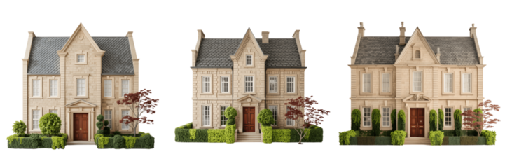 A Set For House model with stone facade isolated on transparent background